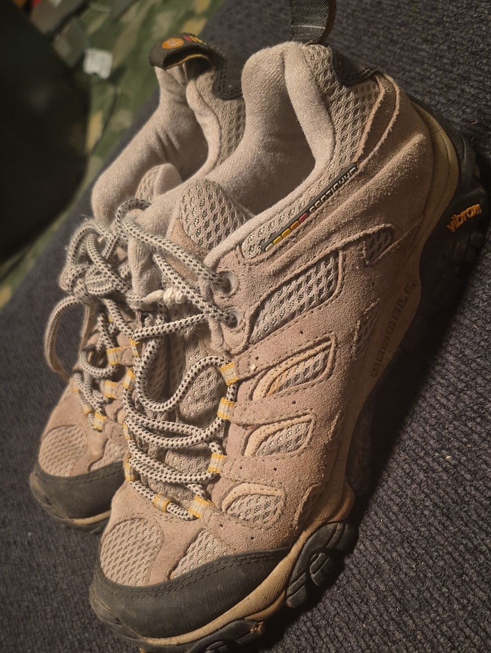 Merrell Tan Suede Mesh Trail Shoes with Yellow Accents